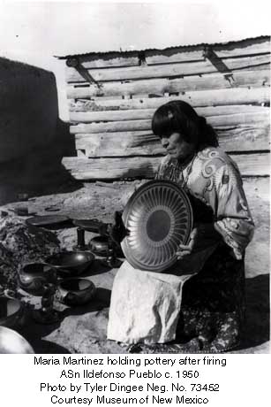 Maria Martinez holding pottery after firing

San Ildefonso Pueblo c. 1950

Photo by Tyler Dingee Neg. No. 73452

Courtesy Museum of New Mexico