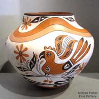 Polychrome jar with a parrot, rainbow, branch, flower and geometric design