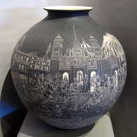 Large black olla incised with Mexico City views and Day of the Dead design Day of the Dead and Mexico City views design incised into a large black olla