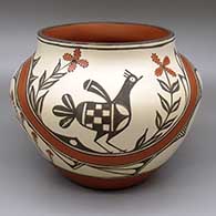 Polychrome jar with a four-panel roadrunner, rainbow, deer and geometric design