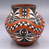 A polychriome jar with a 4-panel rainbow, checkerboard and geometric design