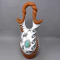 Polychrome wedding vase with twisted handle, inlaid turquoise and geometric design, made by Mary Small of Jemez Pueblo.