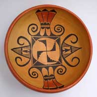 Polychrome bowl with a four-direction bird element, katsina and geometric design inside
