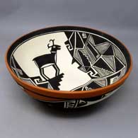Polychrome bowl with geometric design outside, black and white Mimbres ram and geometric design inside