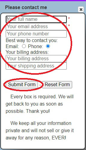 Image of the information form with the necessary text boxes and the Submit button circled in red