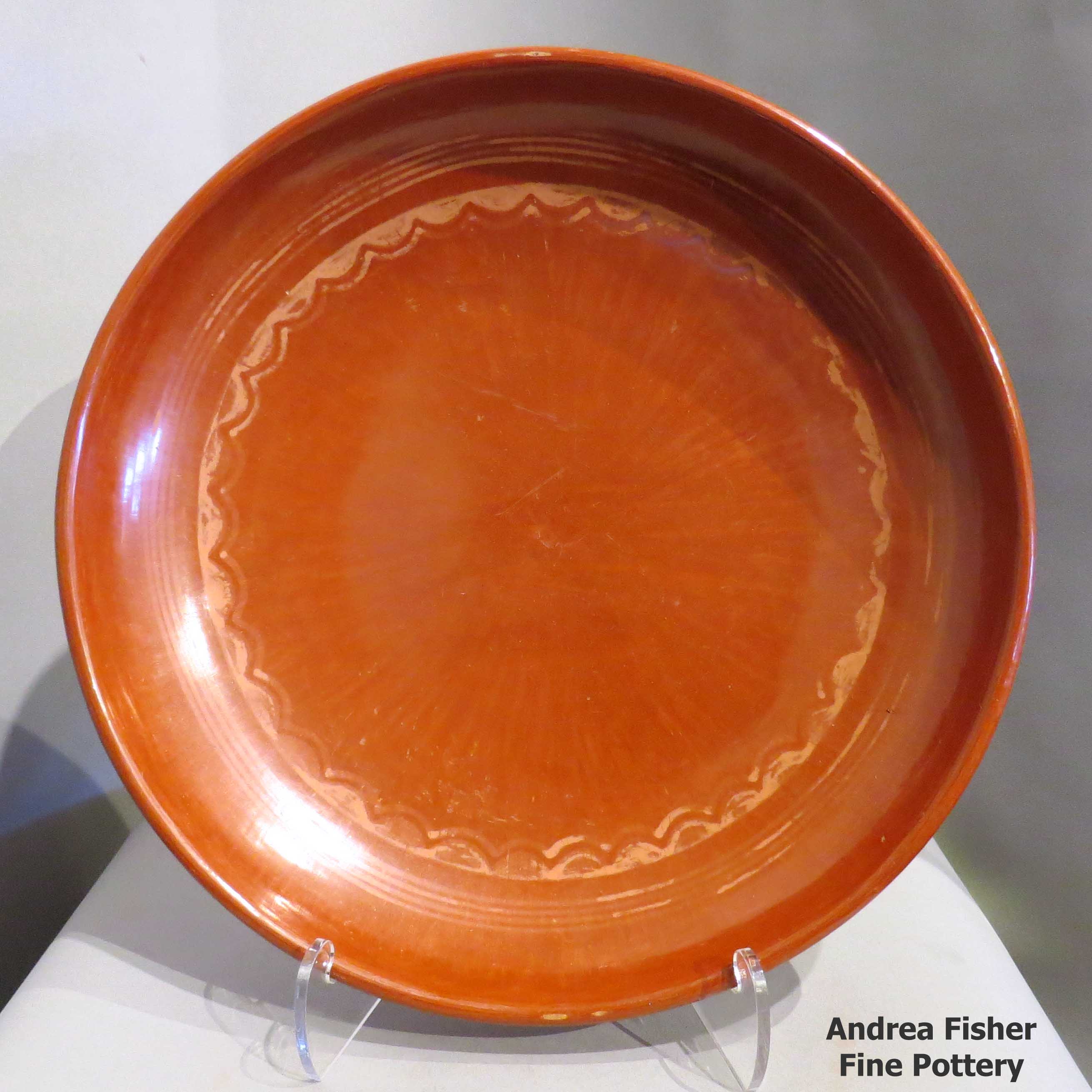 Click or tap to see a larger view Tan on red serving platter with geometric design made by Maria Martinez of San Ildefonso