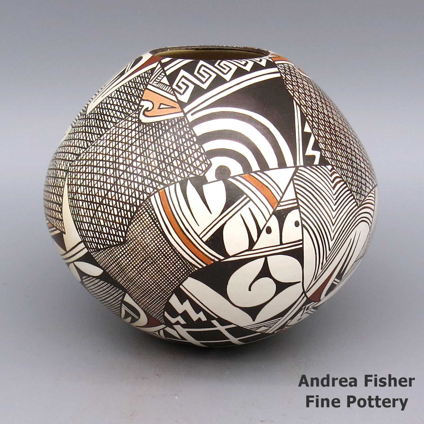 Polychrome jar with fine line and geometric design made by Sylvia Naha of Hopi
