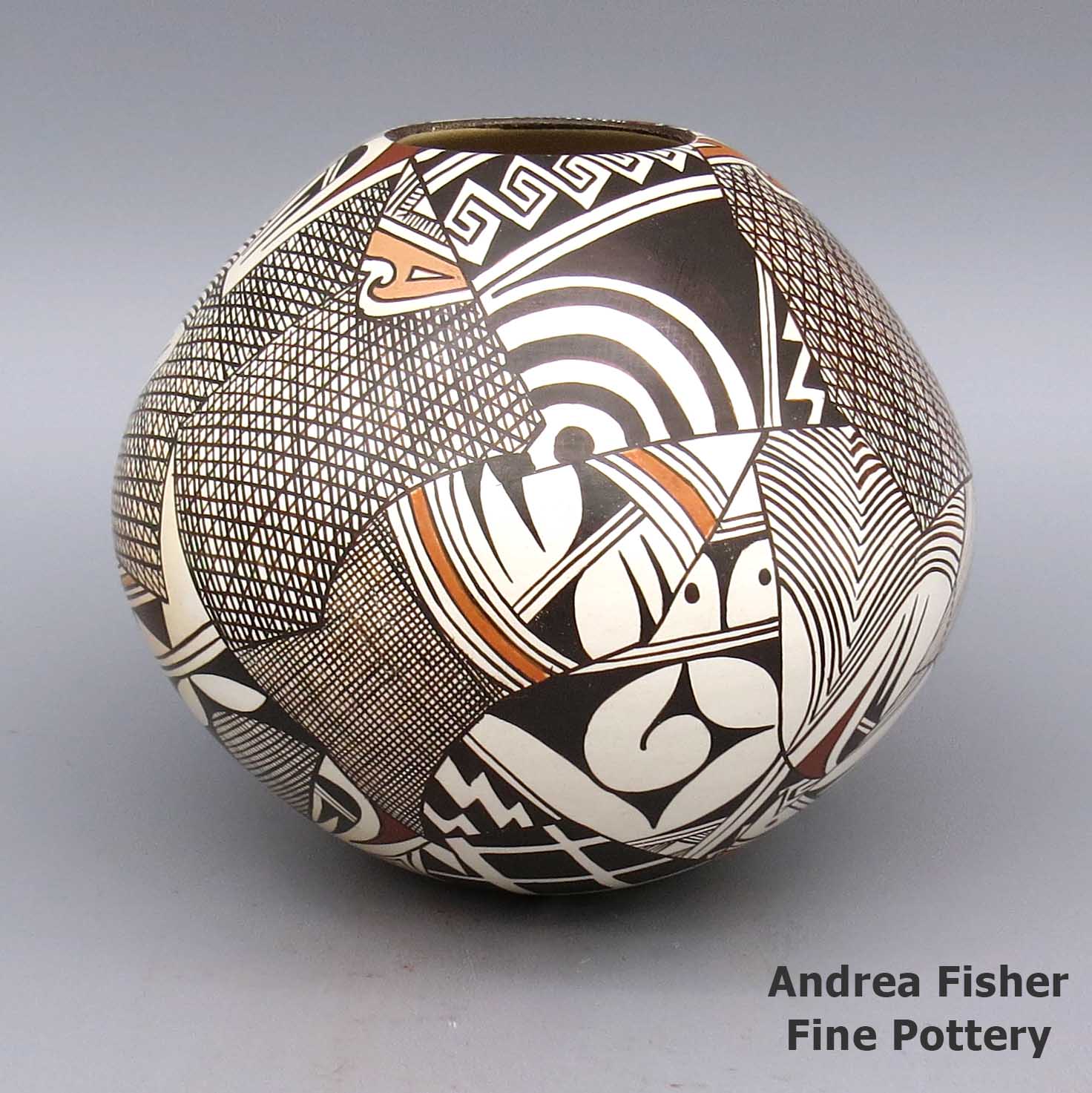 Click or tap to see a larger view Polychrome jar with fine line and geometric design made by Sylvia Naha of Hopi