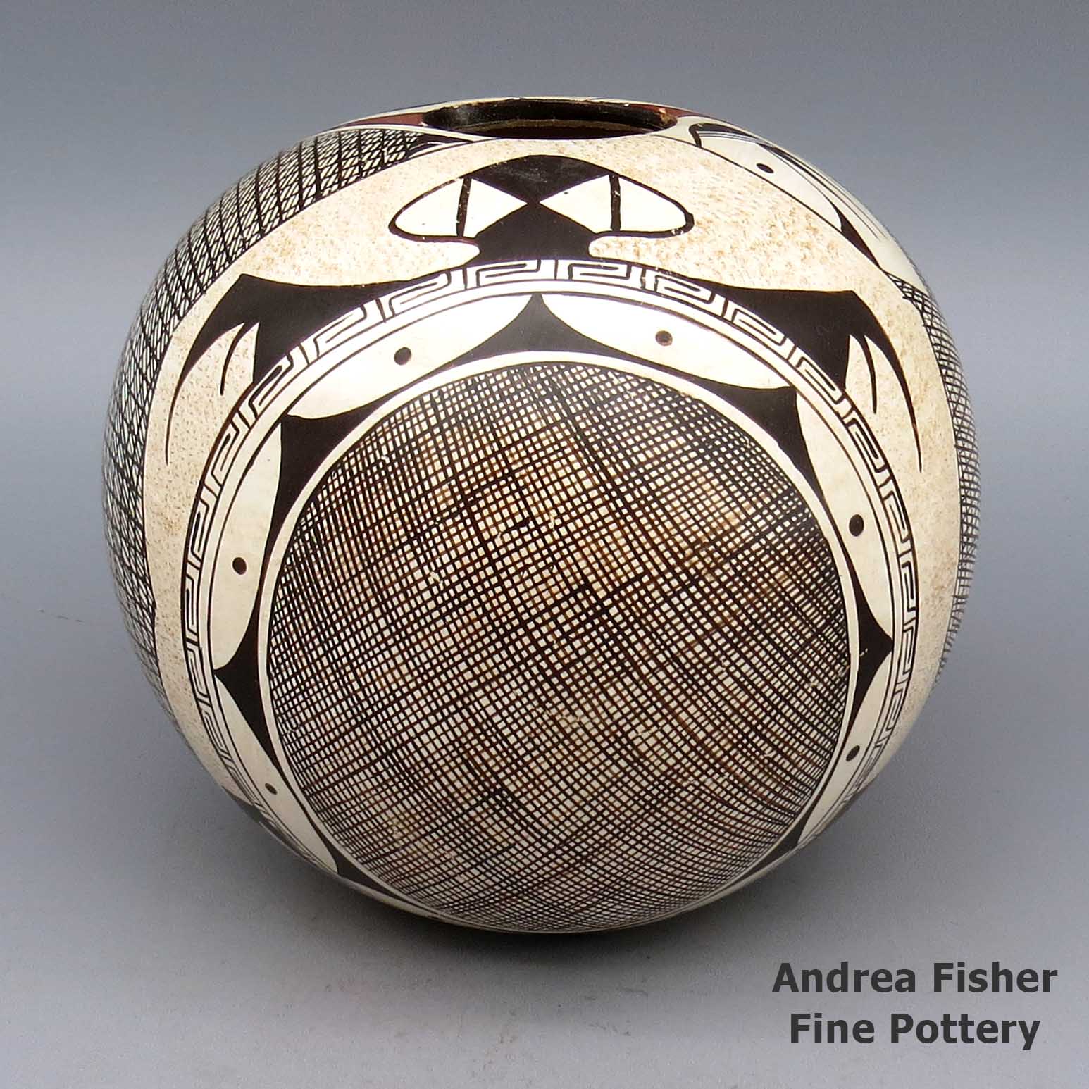 Polychrome jar with turtle, fine line and geometric design made by Sylvia Naha of Hopi