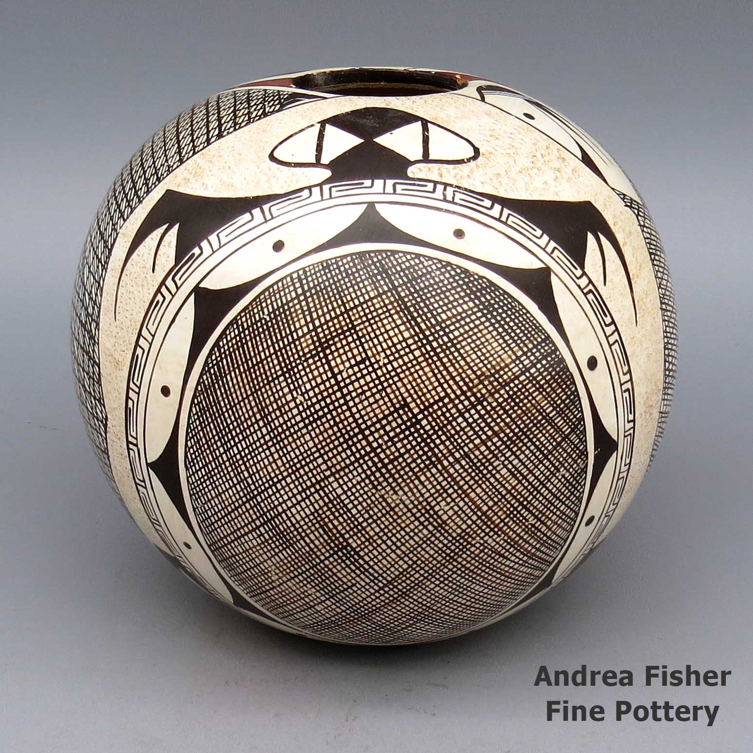 Click or tap to see a larger view Polychrome jar with turtle, fine line and geometric design made by Sylvia Naha of Hopi