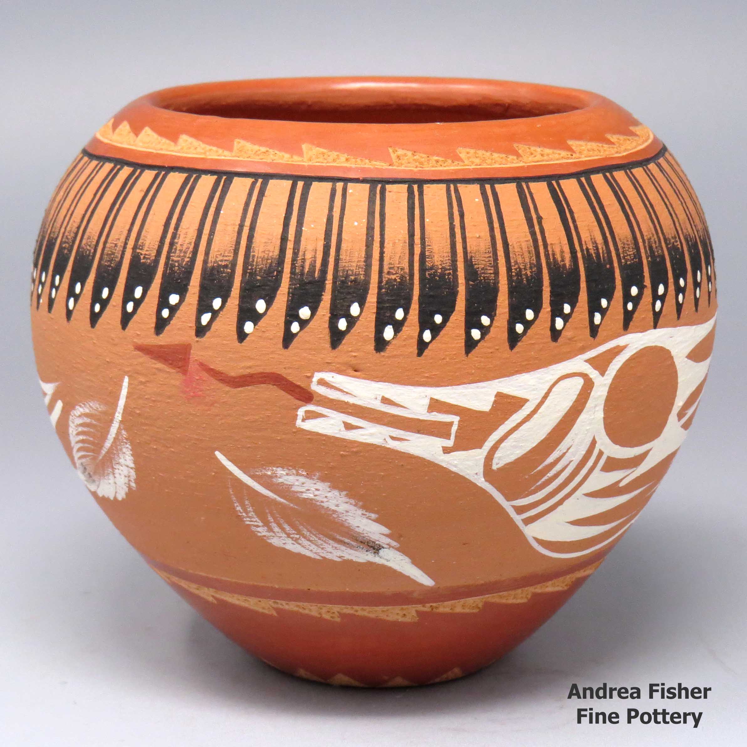 Helen Tafoya Henderson created this piece, Click or tap to see a larger version Polychromejarwithasgraffitoandpaintedavanyu,featherandgeometricdesign, Click or tap to see a larger version