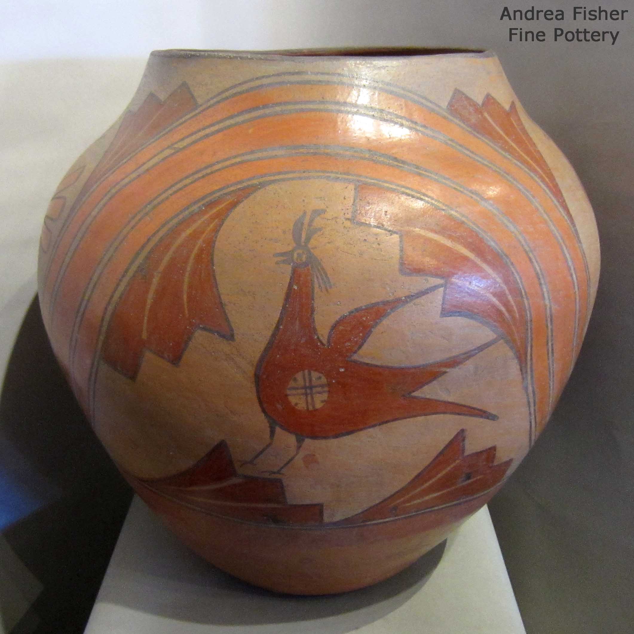 Click or tap to see a larger view Polychrome olla with rainbow and bird design made by Unknown of Zia