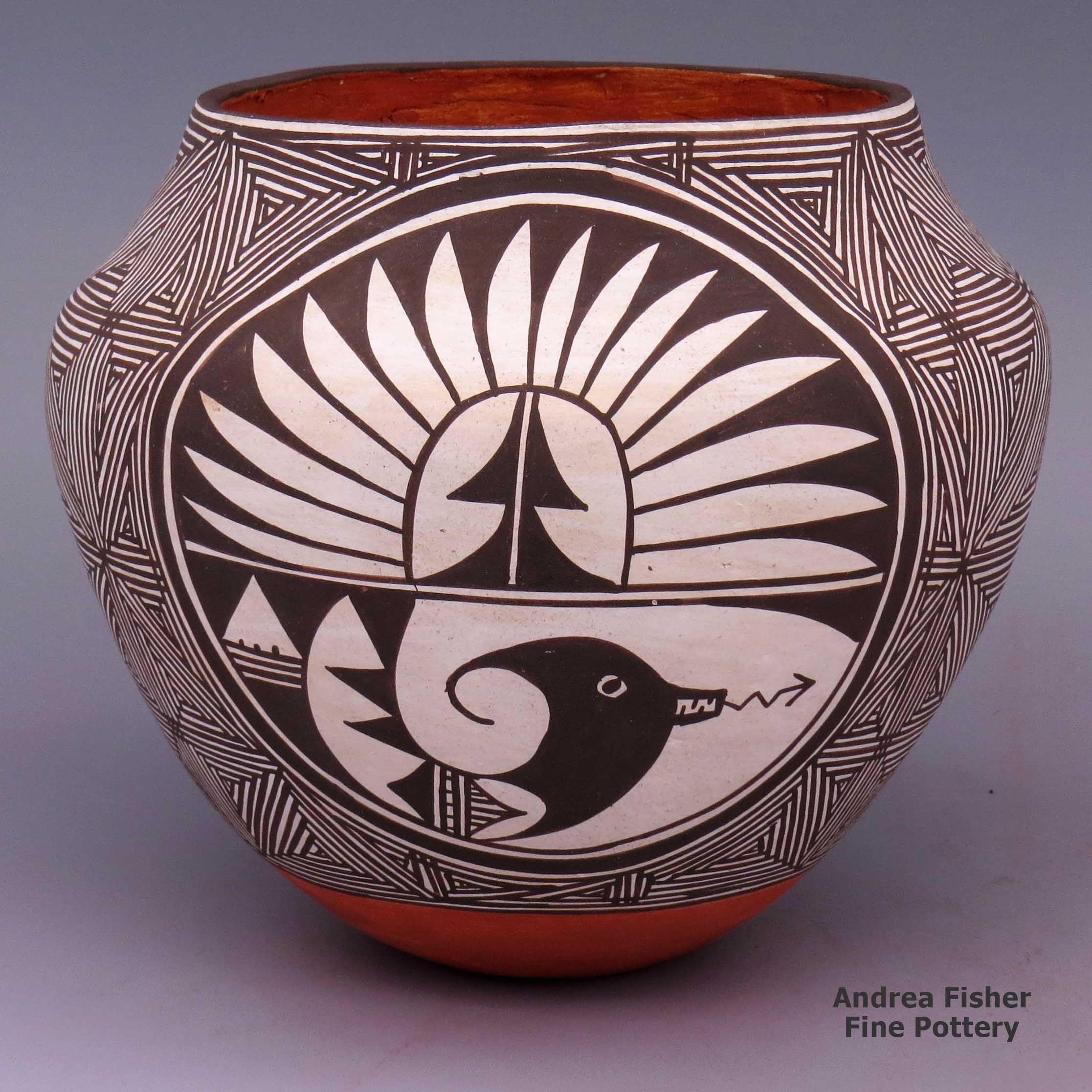 Polychrome jar with North Star fine-line, and feather-band and avanyu medallion design made by Unknown of Acoma