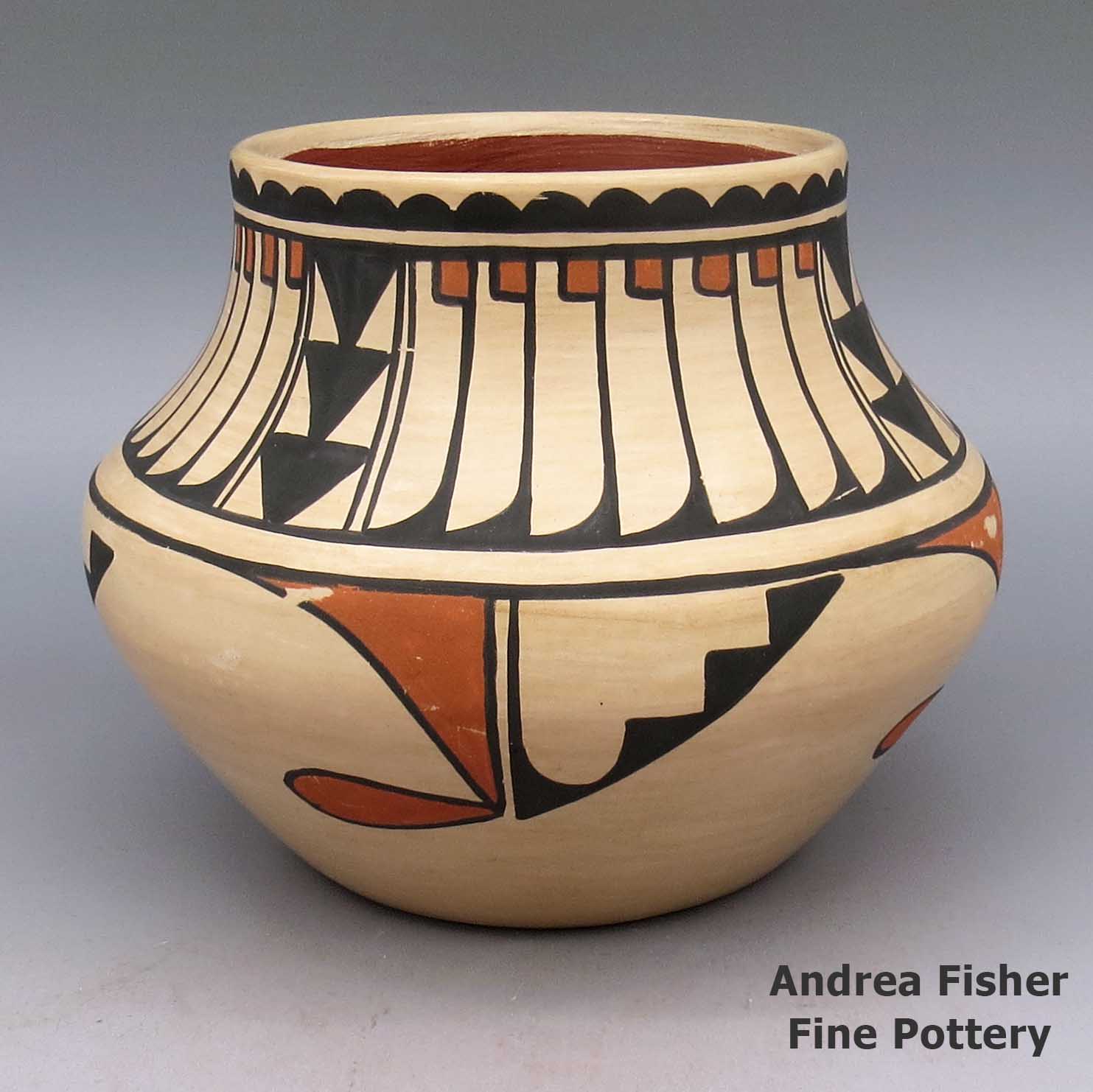 Polychrome jar with geometric design made by Carmelita Dunlap of San Ildefonso