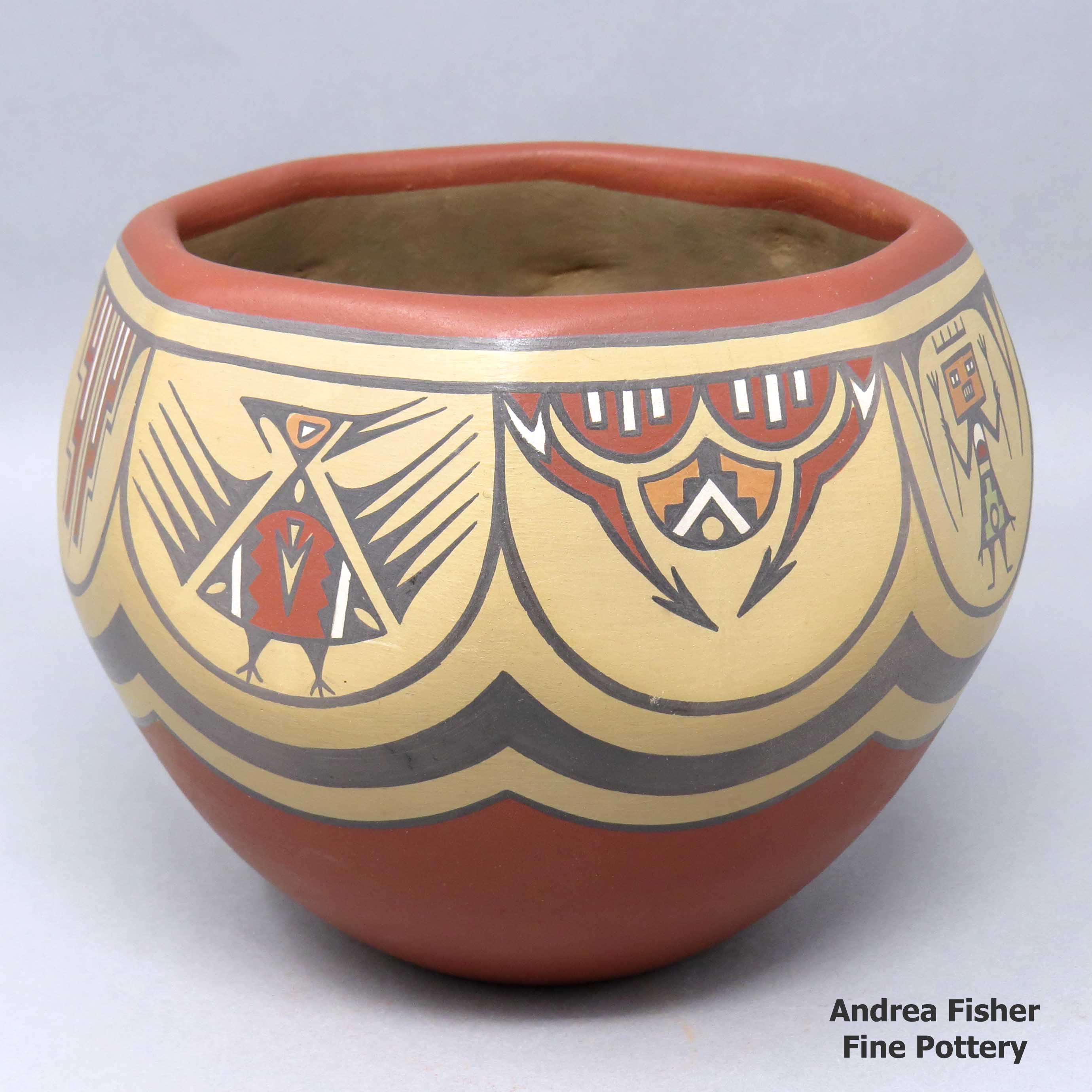 Click or tap to see a larger view Polychrome jar with 8 facets, each with a separate design made by Margaret and Luther Gutierrez of Santa Clara