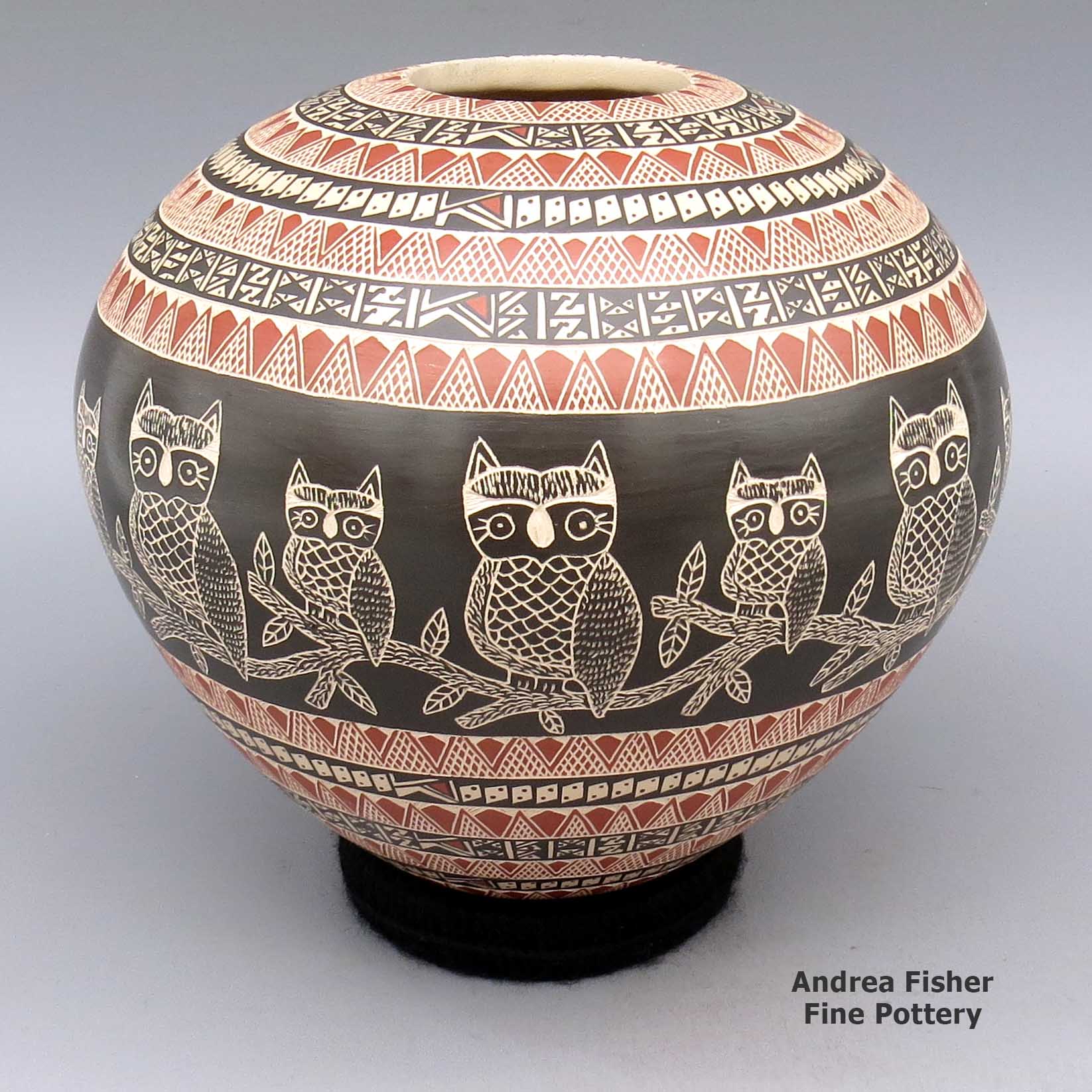 Polychrome jar with sgraffito and painted owl, branch, and geometric design made by Angela Corona of Mata Ortiz and Casas Grandes