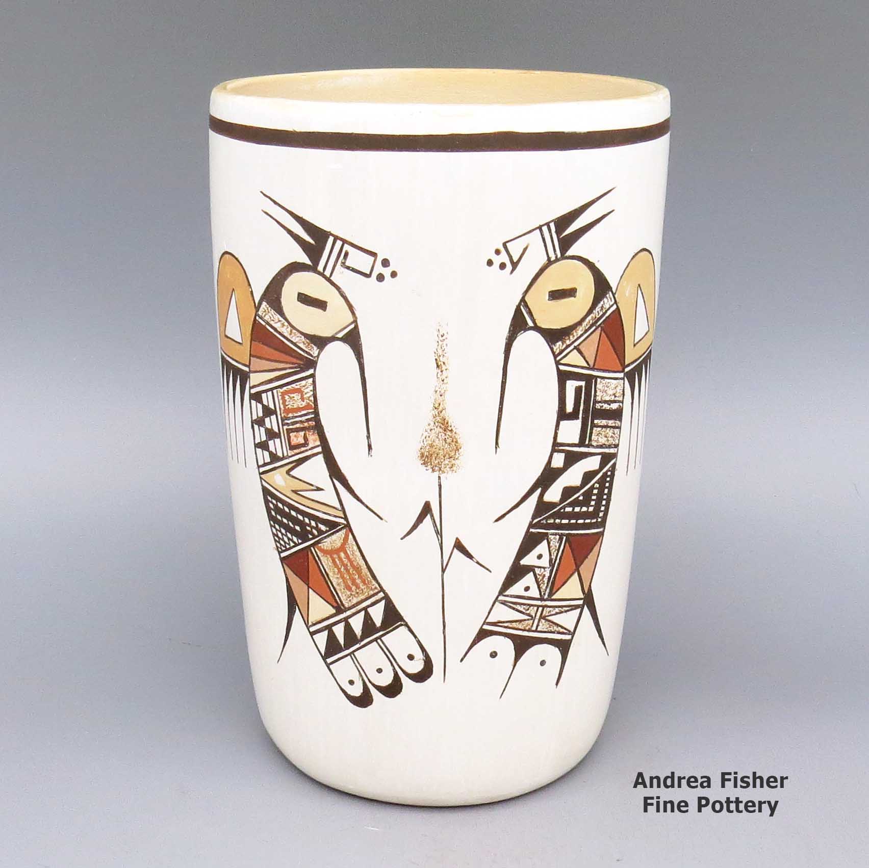 Polychrome cylinder with bird and cornstalk geometric design made by Rainy Naha of Hopi