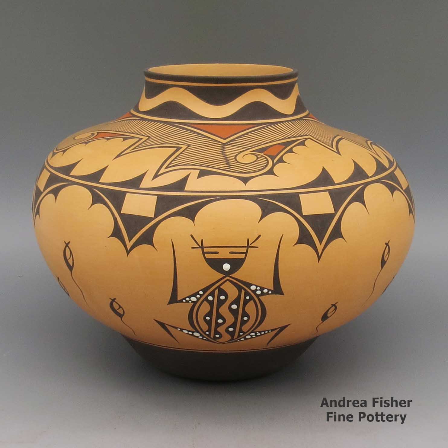 Polychrome jar with frog, tadpole, and geometric design made by Anderson Jamie Peynetsa of Zuni
