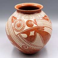 Polychrome marbled jar with flared rim and geometric design
 by Roberto Banuelos of Mata Ortiz and Casas Grandes
