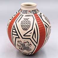 Polychrome jar with a flared lip and with a lightly carved and painted with a 4-panel pottery and geometric design
 by Roberto Olivas of Mata Ortiz and Casas Grandes