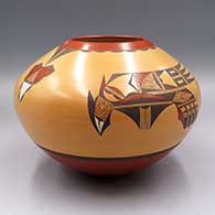 Polychrome jar with a 2 panel bird element and geometric design
 by Steve Lucas of Hopi