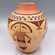 Polychrome jar with a 4-panel katsinas-flying-in-the-night-sky and geometric design
 by Dee Setalla of Hopi