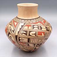 Polychrome jar with a flaring neck and decorated with a 4-panel medium shard geometric design
 by Roberta Silas of Hopi
