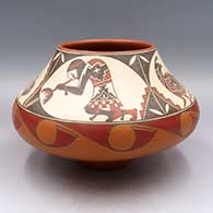 Polychrome jar with a 4-panel kokopelli figure, family of quail and geometric design above the shoulder
 by Lois Gutierrez of Santa Clara