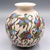 Polychrome jar with a rolled lip and a slipped and sgraffito bird, vine and flower design
 by Diana Loya of Mata Ortiz and Casas Grandes