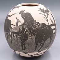 Black-on-white jar with a sgraffito cowboy, horse and longhorn steers in a ranch scene
 by Monico Rodriguez of Mata Ortiz and Casas Grandes