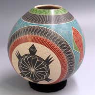 Polychrome jar with a 4-panel sgraffito and painted turtle, fish and geometric design
 by Humberto Pina of Mata Ortiz and Casas Grandes