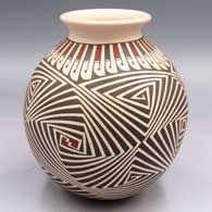 Polychrome jar with a rolled lip and a 4-panel labyrinth and geometric design
 by Rodrigo Perez of Mata Ortiz and Casas Grandes