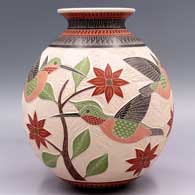 Polychrome jar with a rolled lip and a sgraffito and painted 3-panel hummingbird, flower, branch, leaf and geometric design, click or tap to see a larger version