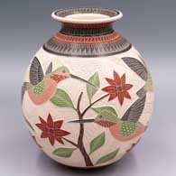 Polychrome jar with a rolled lip and a sgraffito and painted 3-panel hummingbird, flower, branch, leaf and geometric design
 by Jesus Olivas of Mata Ortiz and Casas Grandes