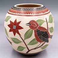 Polychrome jar with a 3-panel sgraffito and painted bird, branch, leaf, flower and geometric design
 by Jesus Olivas of Mata Ortiz and Casas Grandes