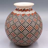 Polychrome jar with a rolled lip and cuadrillos and geometric design
 by Alma Flores of Mata Ortiz and Casas Grandes