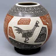 Polychrome jar with sgraffito and painted bird, deer and geometric design
 by Juan Carlos Rodriguez of Mata Ortiz and Casas Grandes