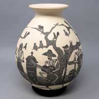 Black and white jar with sgraffito Day of the Dead motif
 by Alfredo Rodriguez of Mata Ortiz and Casas Grandes