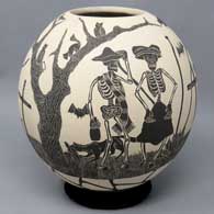 Black and white jar with sgraffito Day of the Dead motif
 by Emiliano Rodriguez of Mata Ortiz and Casas Grandes