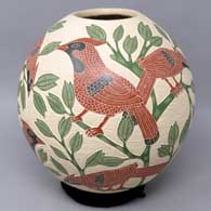 Polychrome jar with sgraffito and painted bird and branch design
 by Linda Betancourt of Mata Ortiz and Casas Grandes