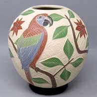 Polychrome jar with sgraffito and painted bird, branch and geometric design
 by Jesus Olivas of Mata Ortiz and Casas Grandes
