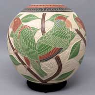 Polychrome sgraffito and painted parrot, branch and geometric design, click or tap to see a larger version