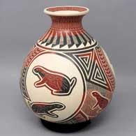 Polychrome jar with sgraffito and slipped prairie dog and geometric design
 by Jesus Olivas of Mata Ortiz and Casas Grandes