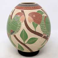 Polychrome jar with sgraffito and painted parrot, branch and geometric design
 by Jesus Olivas of Mata Ortiz and Casas Grandes