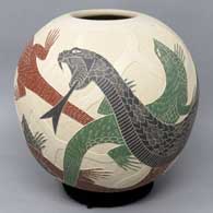 Polychrome jar with a sgraffito and painted lizard, serpent and geometric design
 by Humberto Guillen of Mata Ortiz and Casas Grandes
