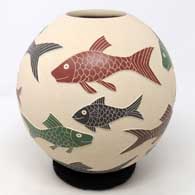 Polychrome jar with sgraffito and painted fish design
 by Humberto Guillen Rodriguez of Mata Ortiz and Casas Grandes