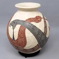 Polychrome jar with sgraffito and painted serpent and geometric design
 by Humberto Guillen Rodriguez of Mata Ortiz and Casas Grandes
