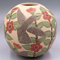 Polychrome jar with a sgraffito and painted hummingbird, butterfly, flower and branch design
 by Blanca Arras of Mata Ortiz and Casas Grandes