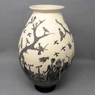 Black and white jar with sgraffito Day of the Dead motif
 by Alfredo Rodriguez of Mata Ortiz and Casas Grandes