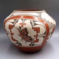 Large polychrome jar with a 4-panel rainbow, butterfly, roadrunner, flower and geometric design
 by Ruby Panana of Zia